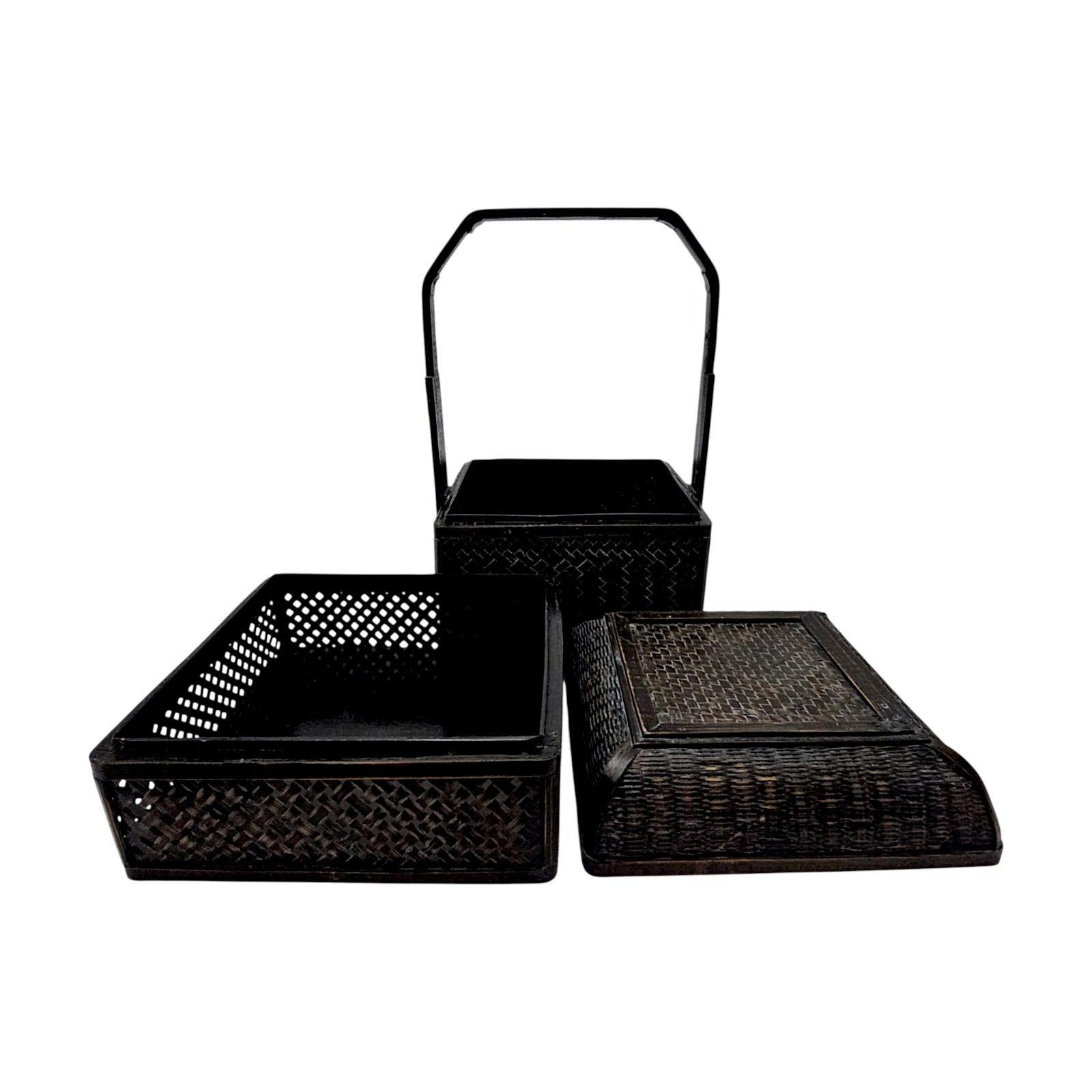 Vintage Chinese Wedding Basket Black Lacquer Woven Bamboo Export 13″ PRC