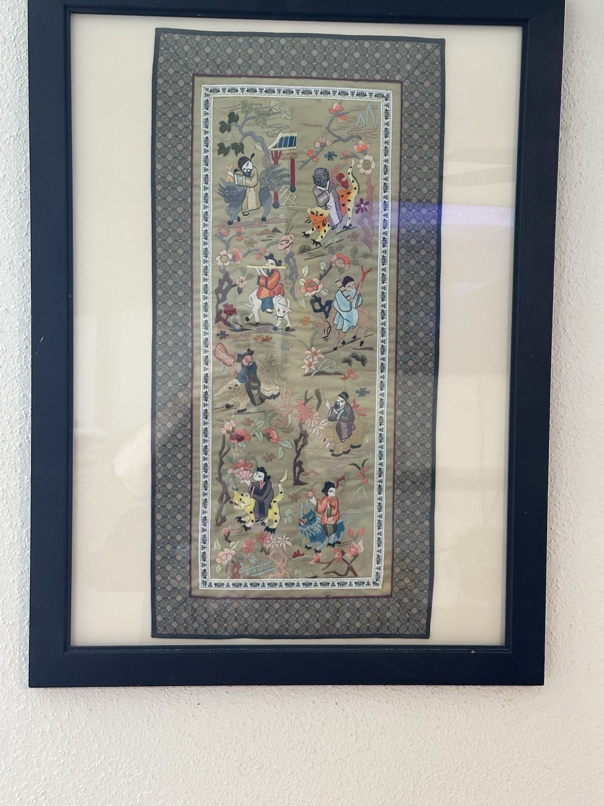 Chinese hand embroidered silk Art Piece Framed. The Actual Piece 27 X 13”