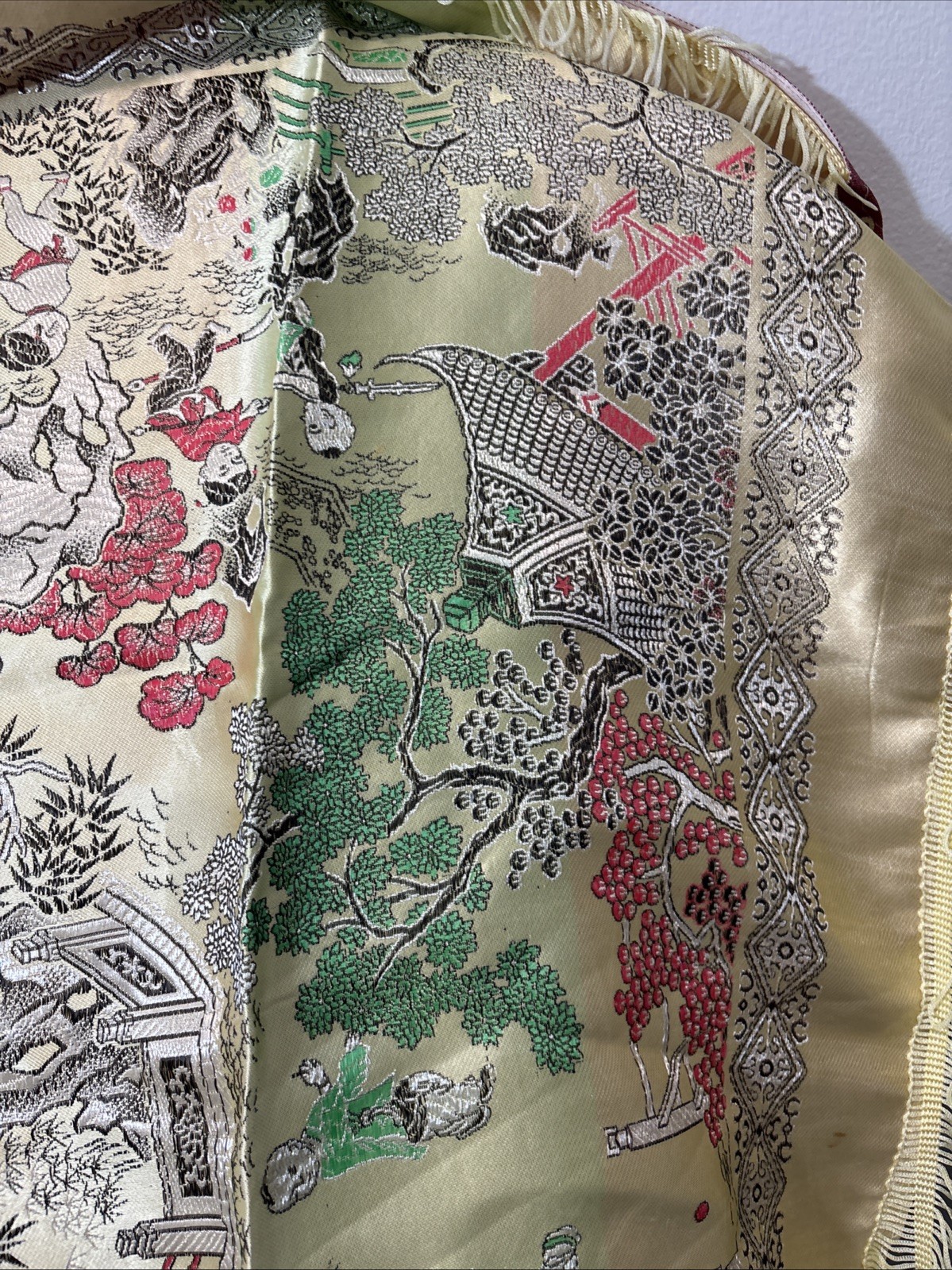 80s Vintage Chinese Silk Brocade Tablecloth, Wall Decor Tapestry Embroidery
