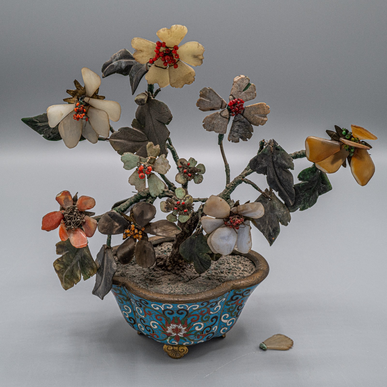 Chinese Jade Hard Stone Tree in Cloisonne Pot 8 1/2″ Vintage/Antique – READ #B