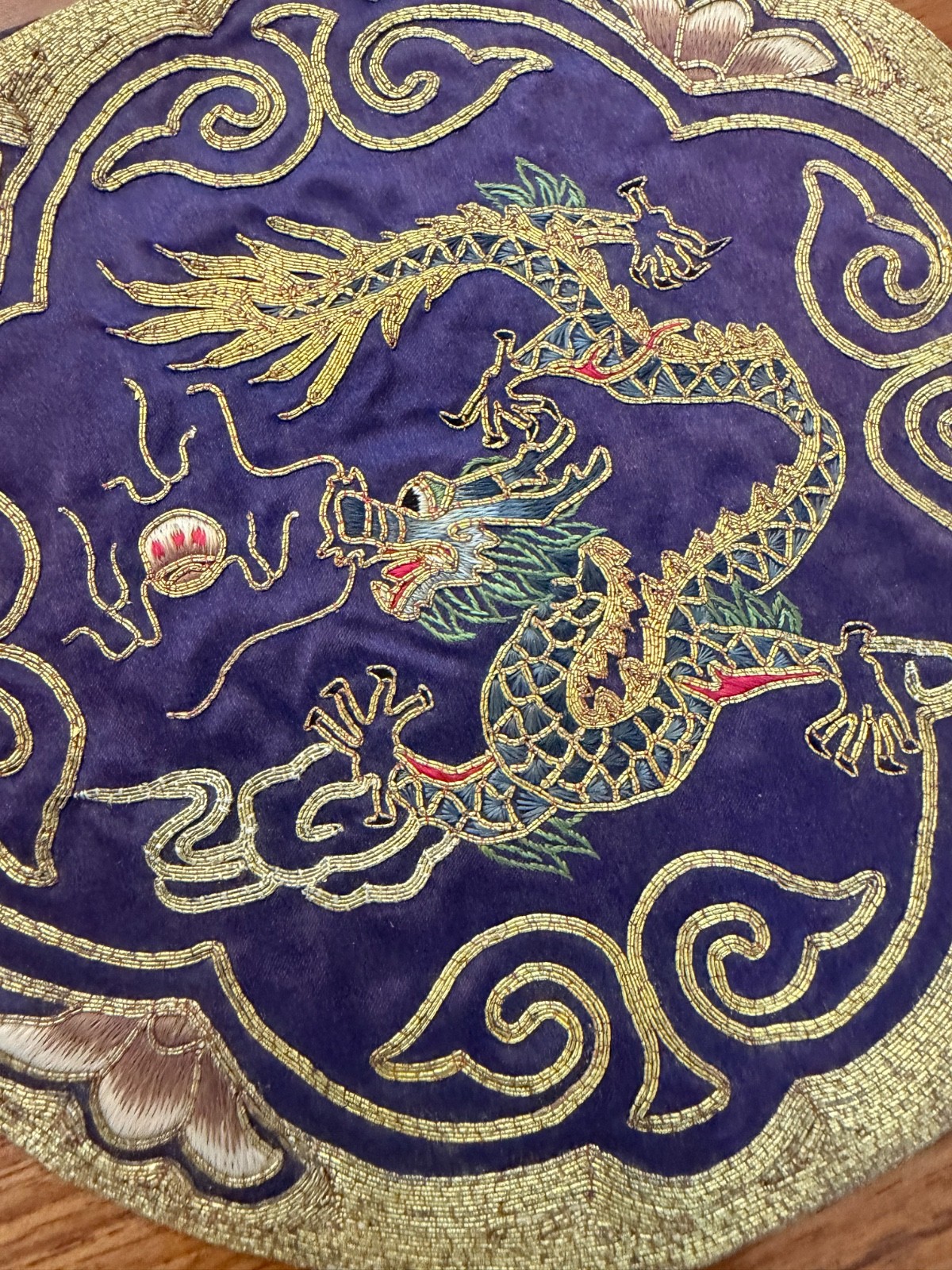 VTG Chinese Golden Cloud Silk Hand Embroidered Dragon purple Mat Doily Art Piece