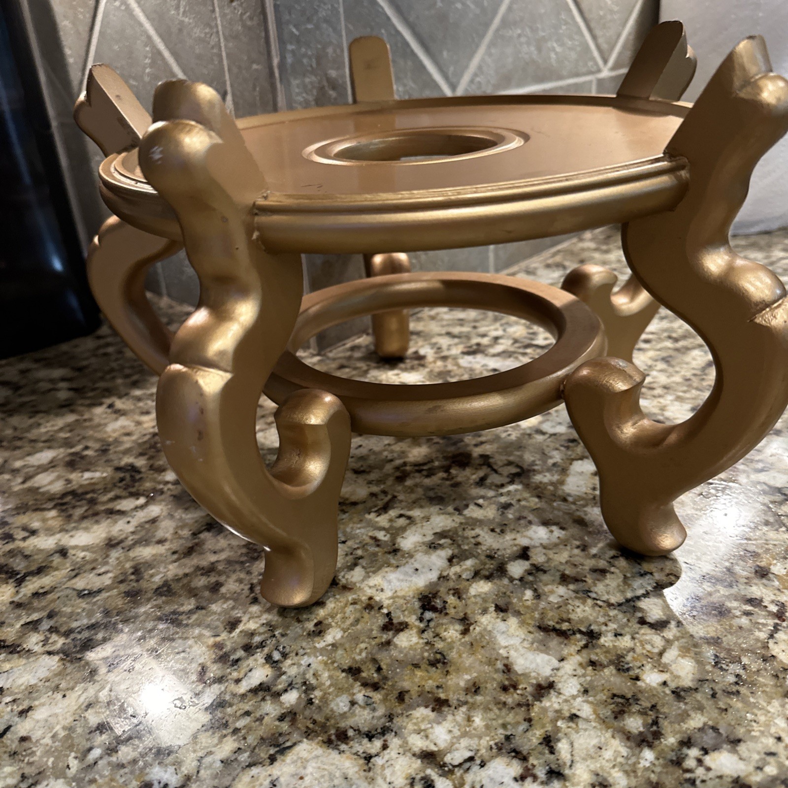 Vintage Large Chinese Golden Wood Stand 10” Diam For Urn Plant Fish Bowl