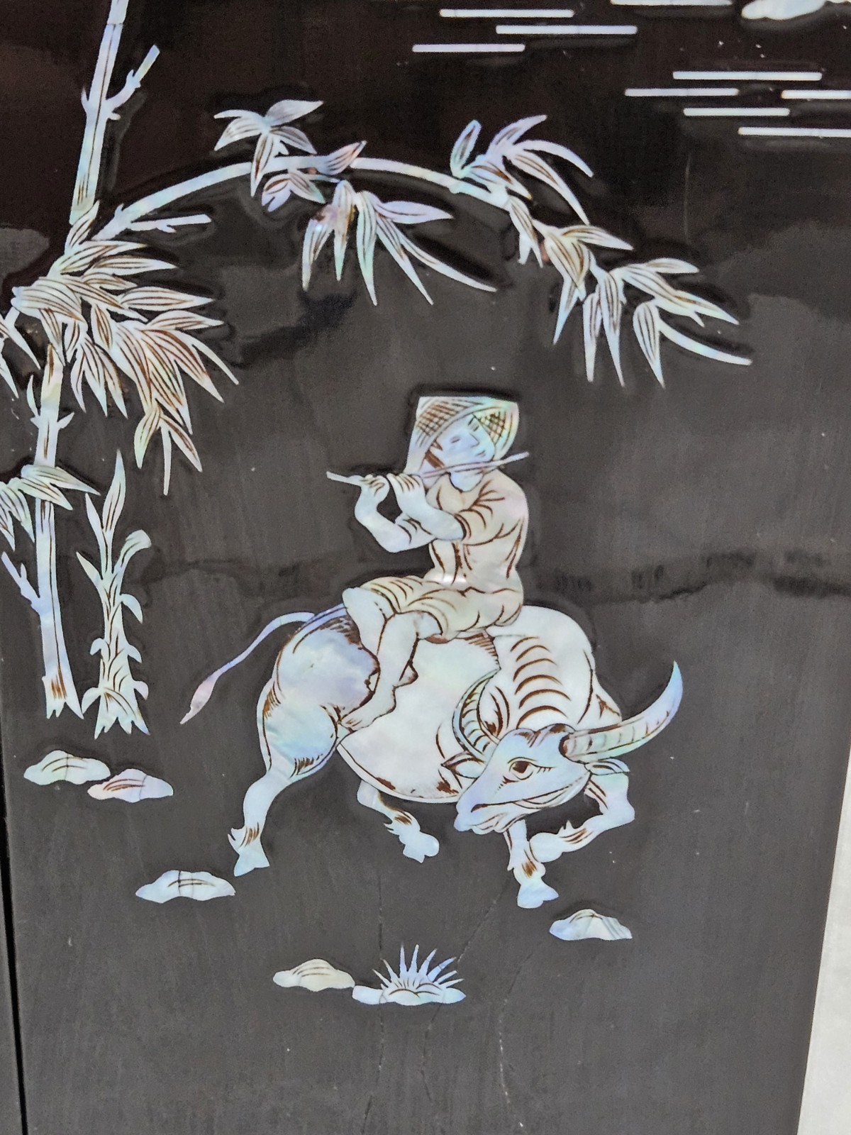 Vintage Asian Black Lacquer Mother of Pearl Inlay Wall Panels Set of 4