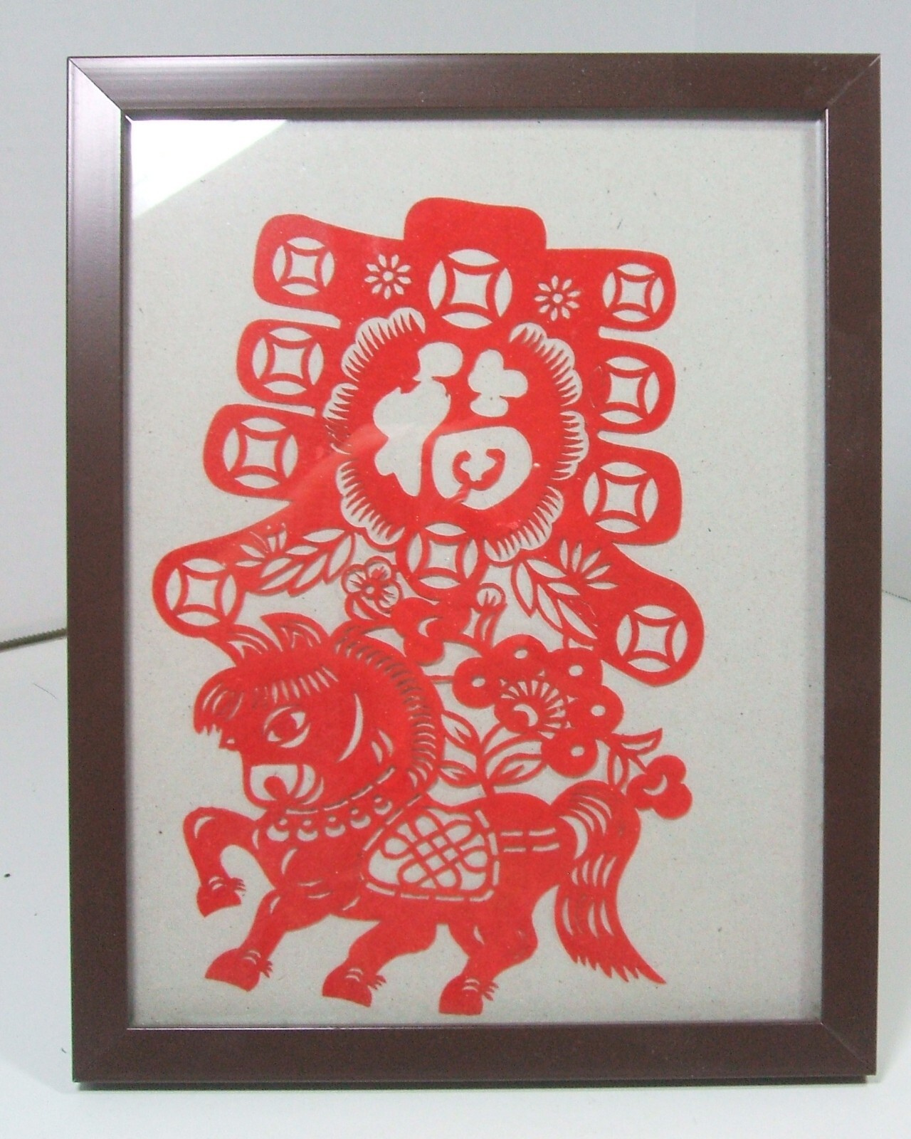 Chinese Paper Cut Out Jianzhi Artwork Year of the Horse Framed under Glass 9.5×7