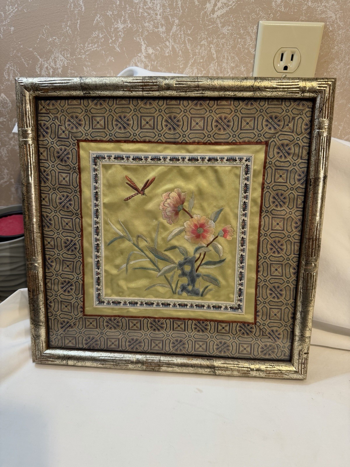 Vintage Bamboo Style Framed Chinese Silk Embroidered Panel Floral Art 12″