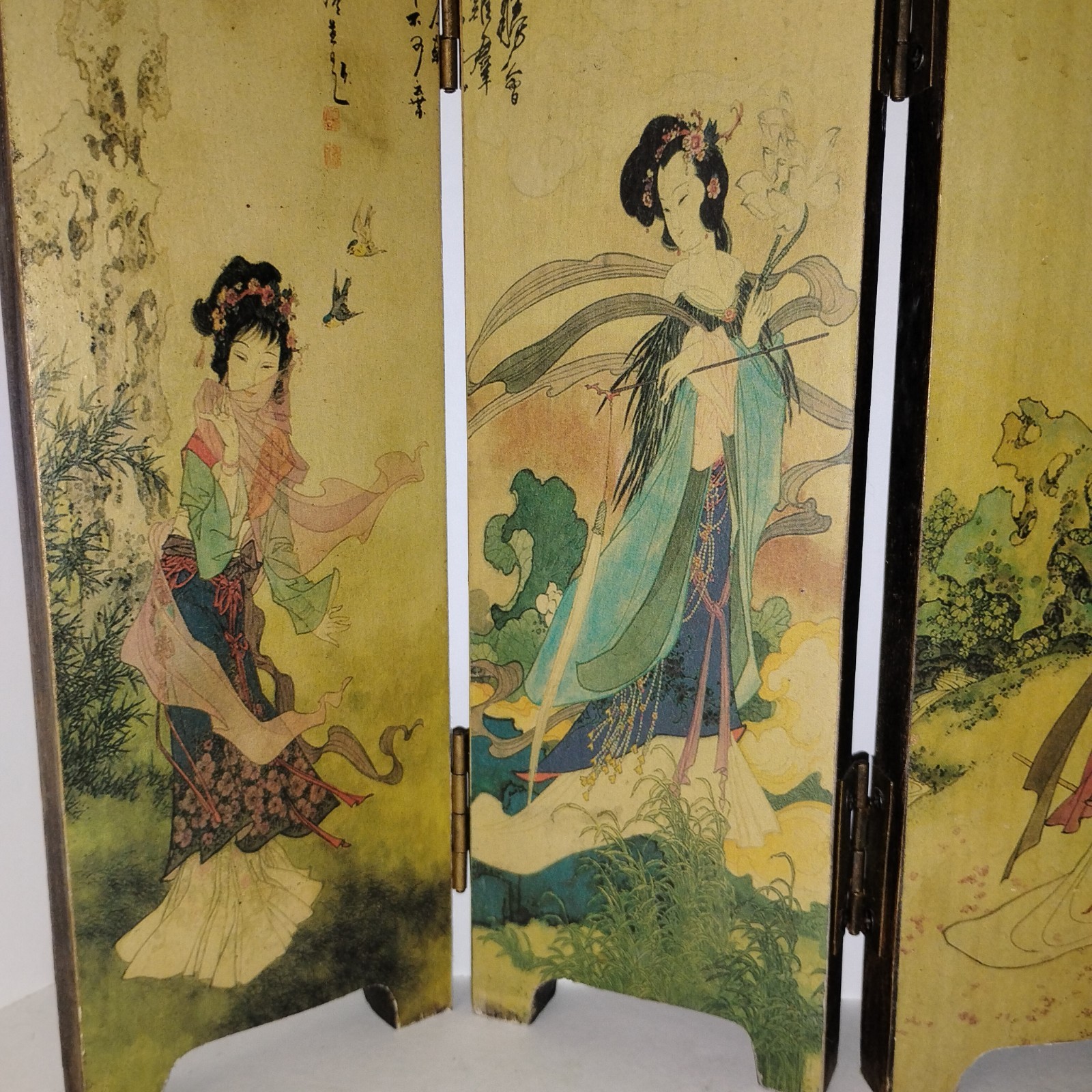 Vintage Chinese Folding Table Top Screen Handpainted 4 Panel 2 Sided Wooden