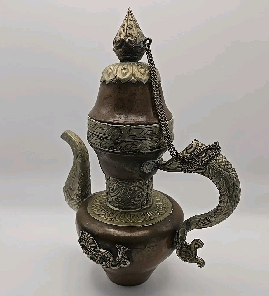 Antique Vintage Copper and Brass Carved Tibetan Teapot With Dragons EUC