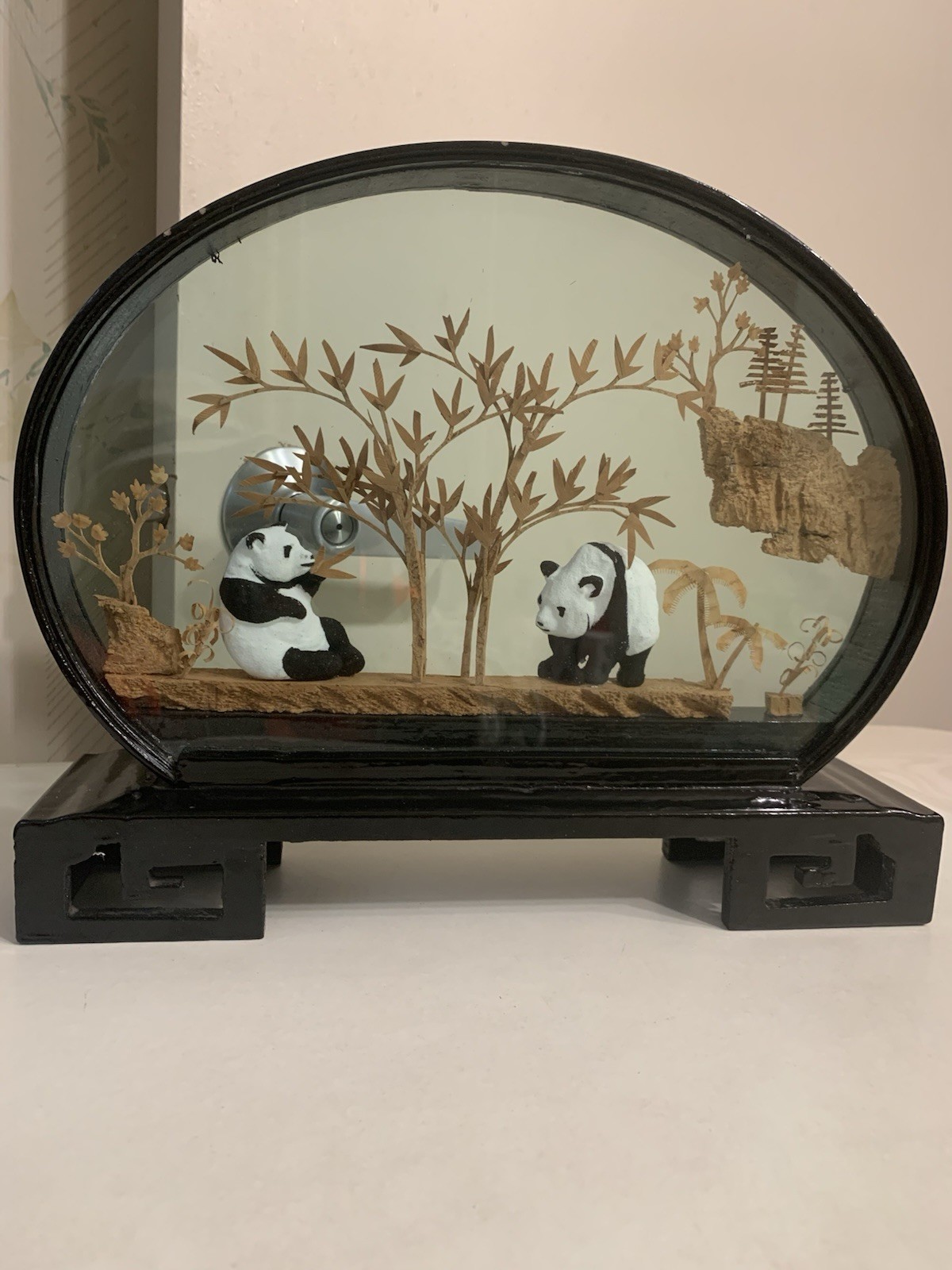 Panda Bear Vintage Collectible San You cork carve Art 3D Diorama in glass frame