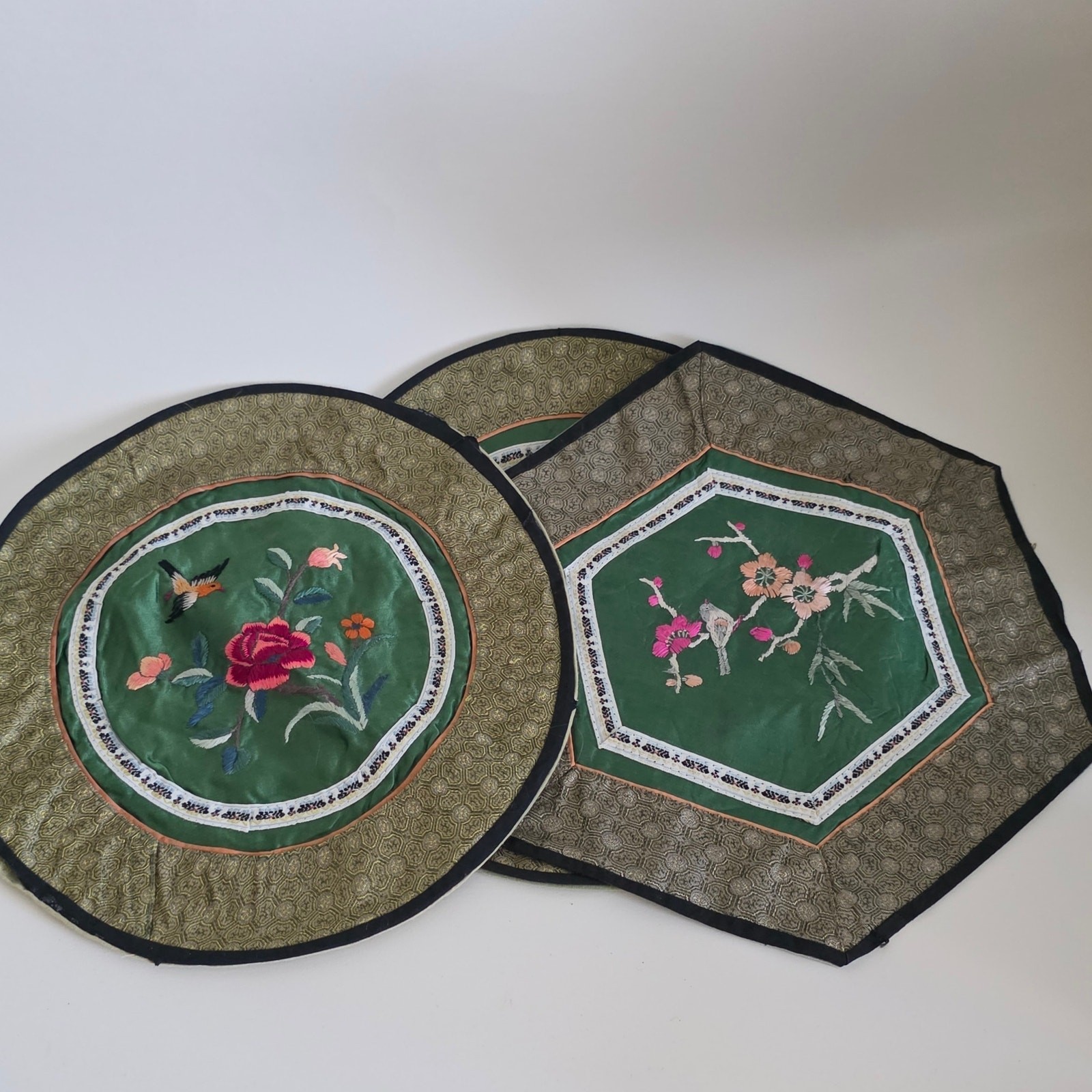 Vintage Asian Silk Embroidery Placemats Floral Bird Butterfly Multicolor Set