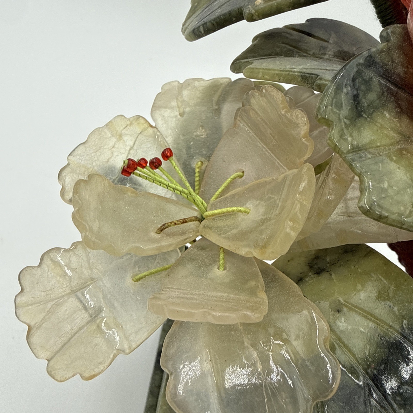 Vintage Chinese Jade Quartz Bonsai Tree Floral In Celadon Pot Carved Flower Tree