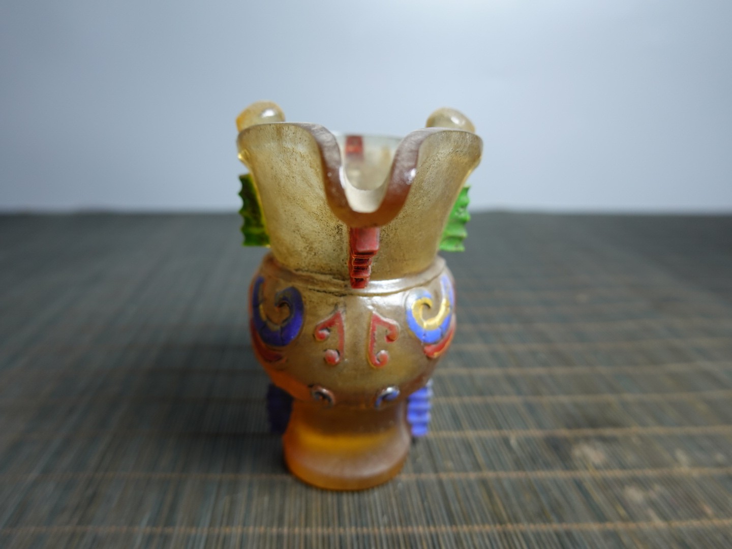 3.9″ Collect Old China Coloured Glaze Painted Beast Mask Taotie Design Jue Cup
