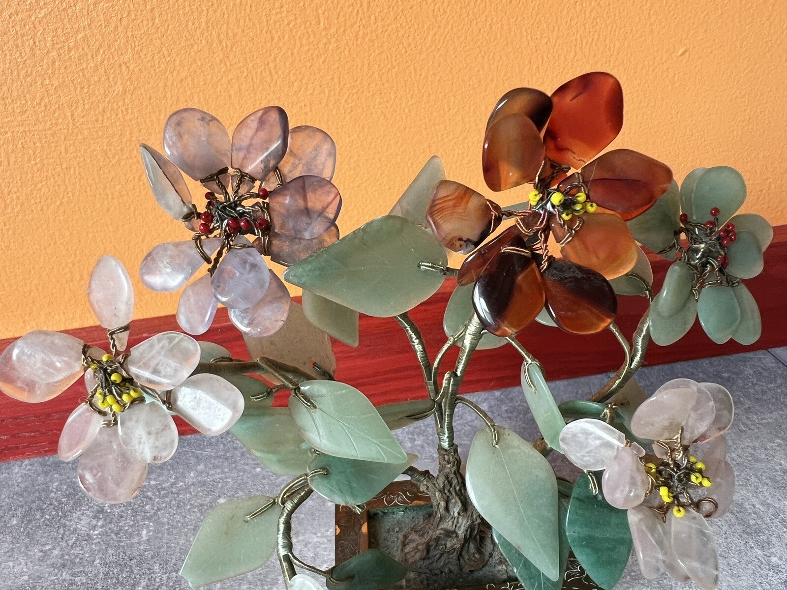 Vintage Chinese Jade Amethyst Carnelian Quartz Flowers Tree Brass Pot Marked