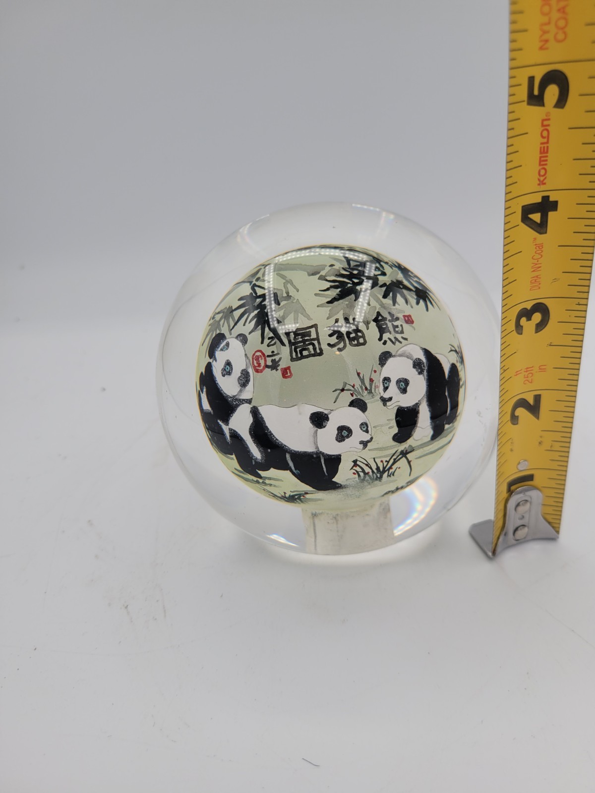 Chinese Art Glass Ball Sphere Paperweight Reverse Hand Painted Pandas NO Base