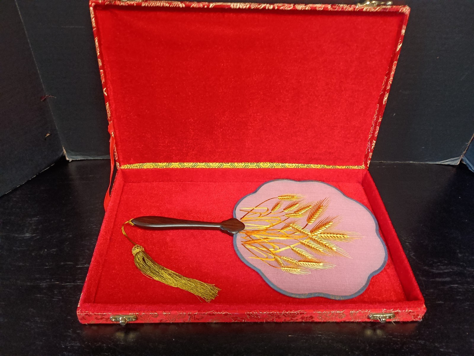 Hand Embroidered Double Sided Suzhou Embroidery Paddle Fan Wheat W/ Dragon Box