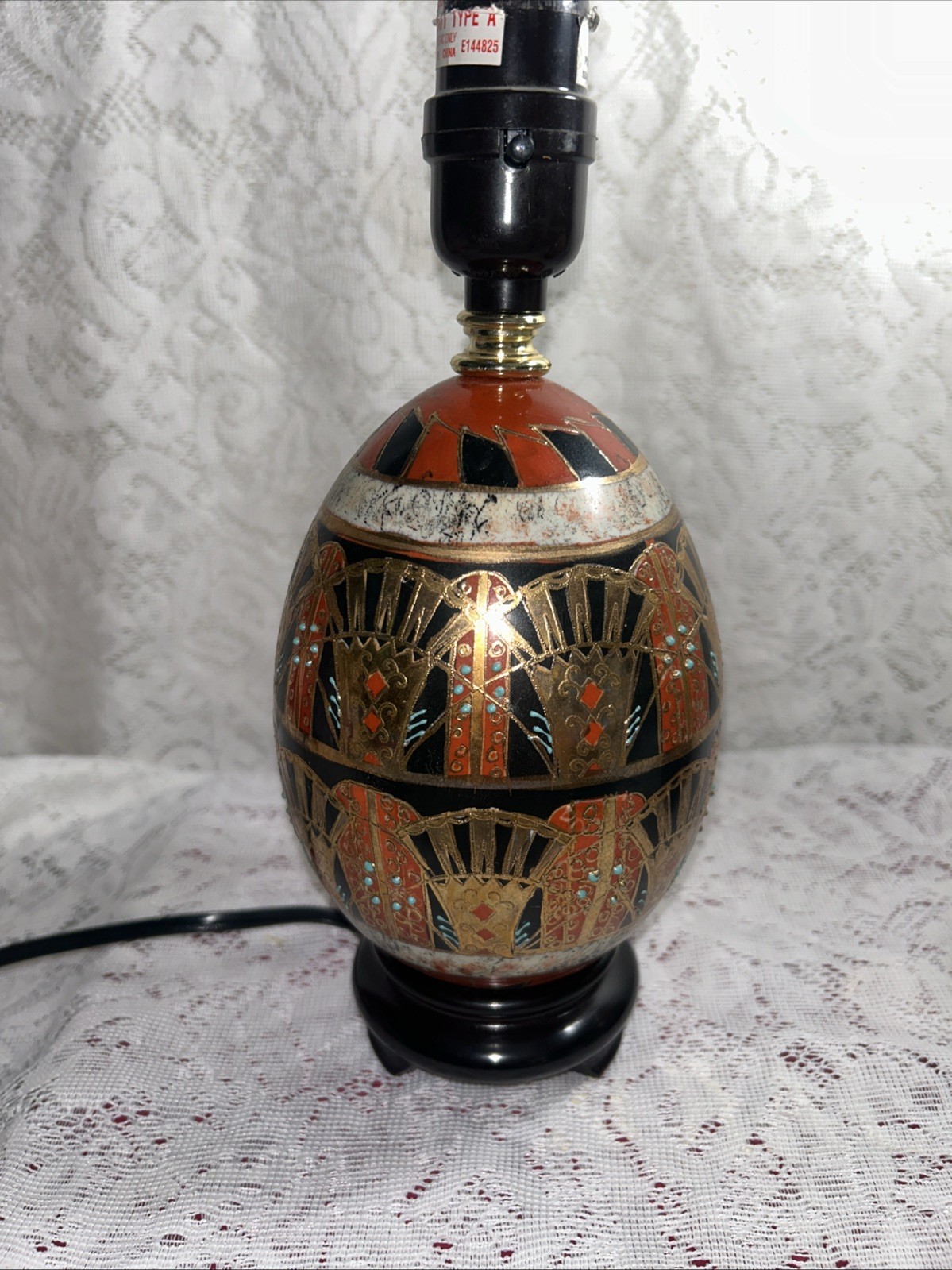 Vintage Chinese Cloisonné Ceramic Hand Painted Egg Lamps With Wood Stand