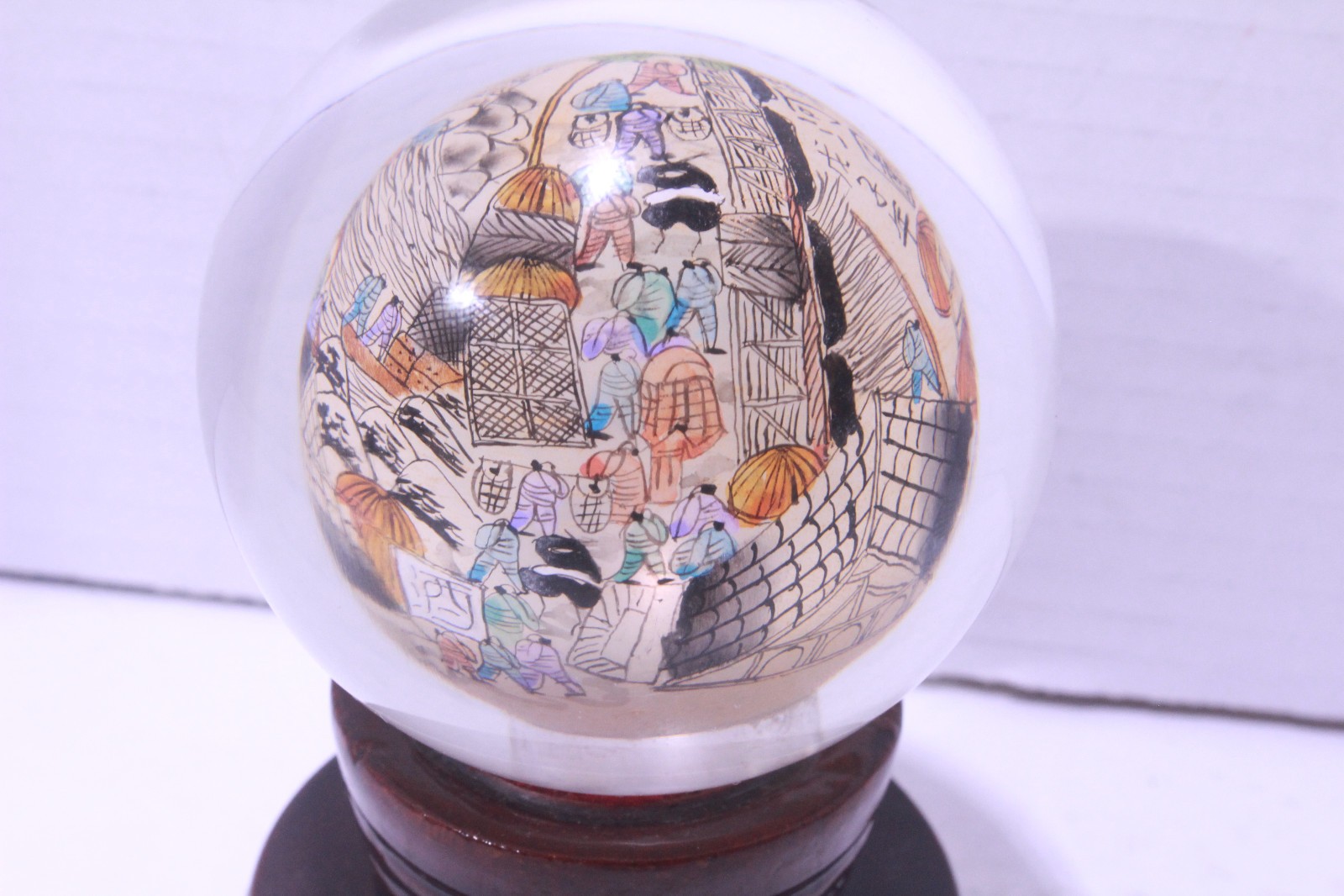 Qingming Festival River Map Reverse Hand Painted Glass Ball W Stand Paperweight