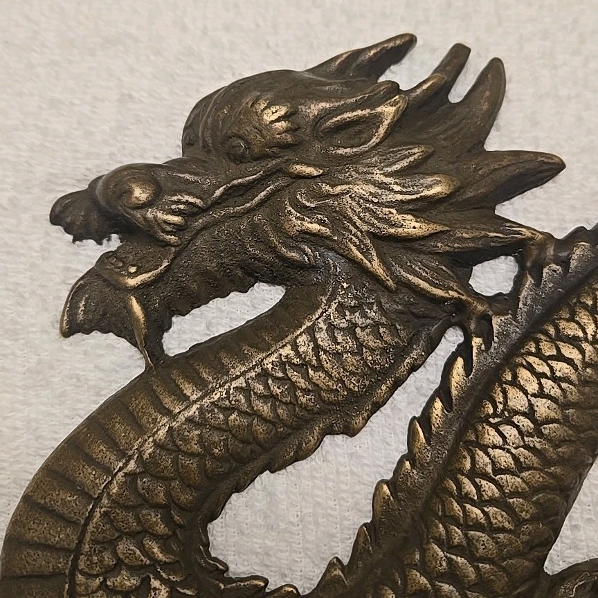 Vintage Chinese Brass Dragon Mounted Wall Hanger w/Hooks Solid Metal 12.5″×8″