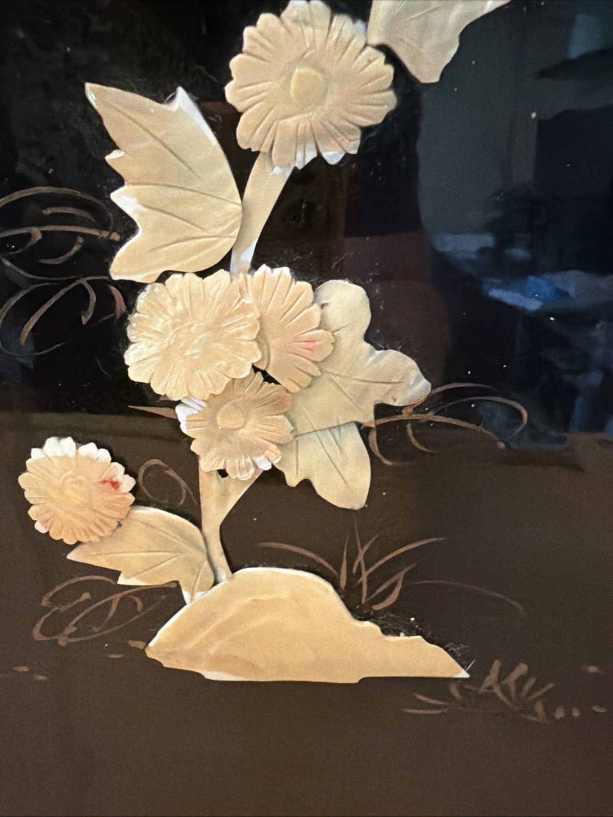 VTG 50’s Chinese Panel Carved Mother of Pearl Birds Crane Tree Black Lacquered