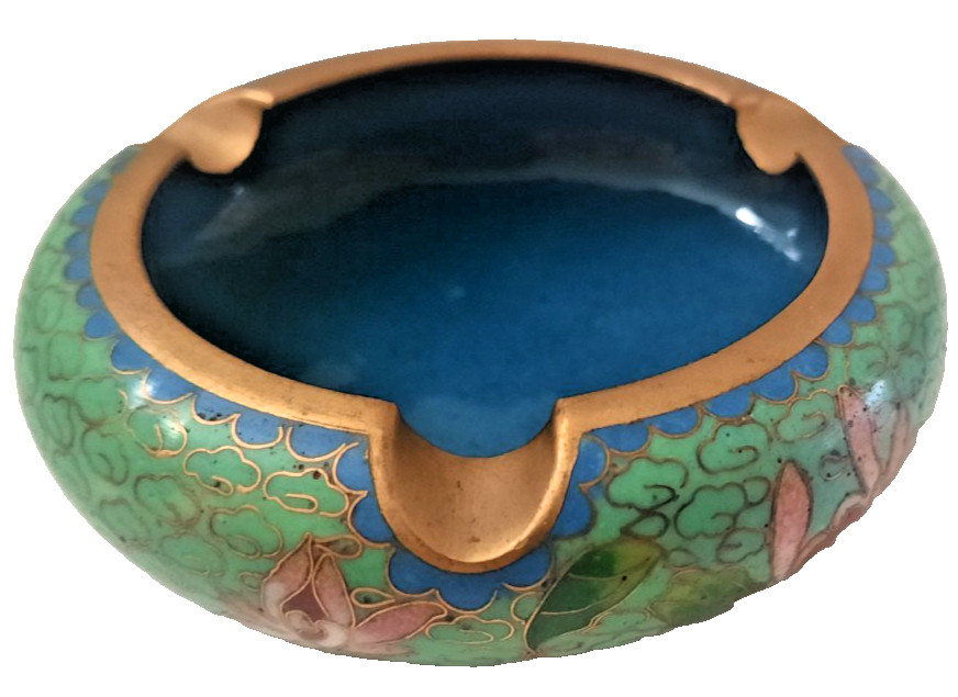 Vtg Chinese Asian Floral Cloisonné Enamel Brass Ashtray Green / Blue 3.25″ Round