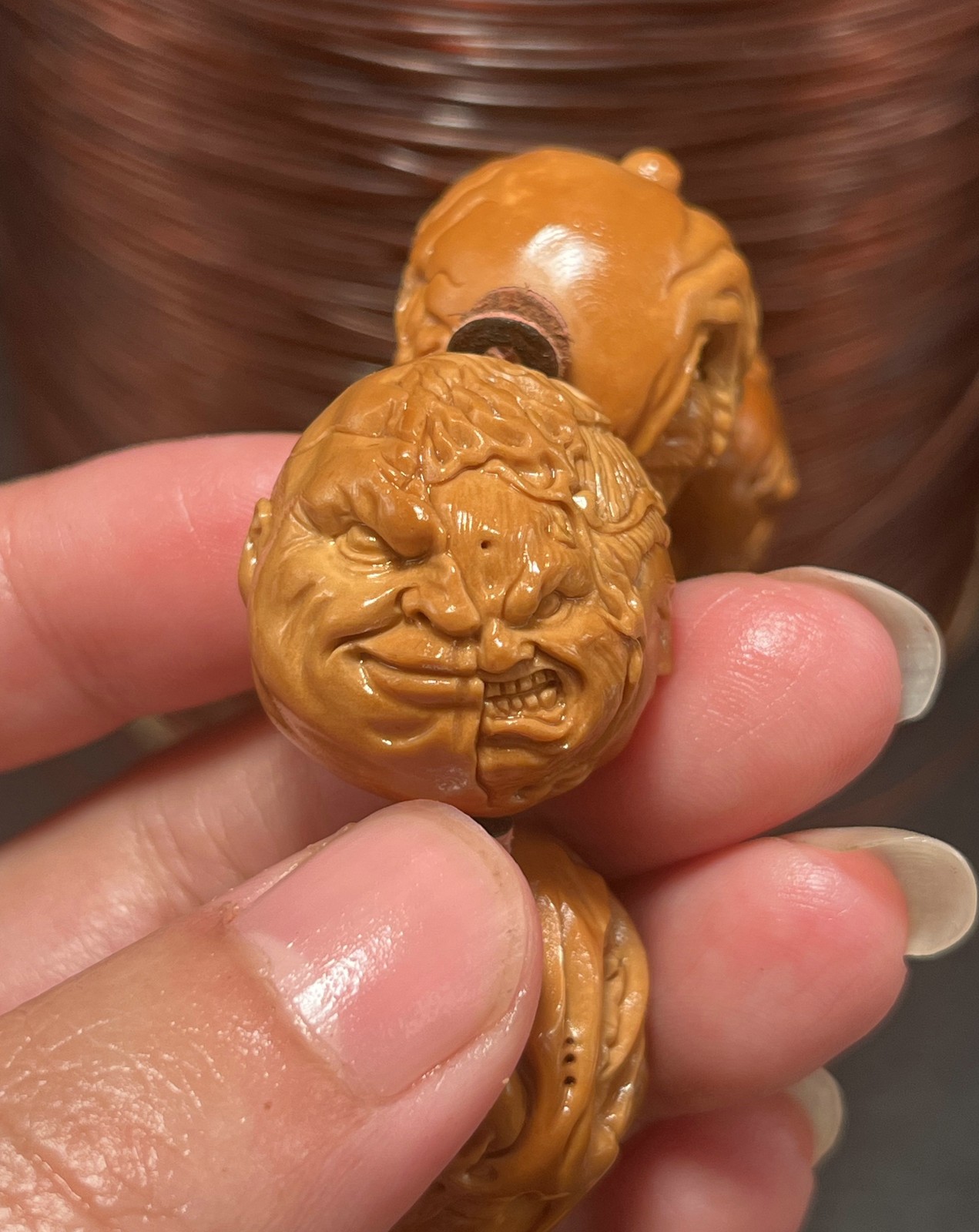Large Olive Dentoliva Deep Relief Carving “Good Vs. Evil” Fierce Monk Bracelet