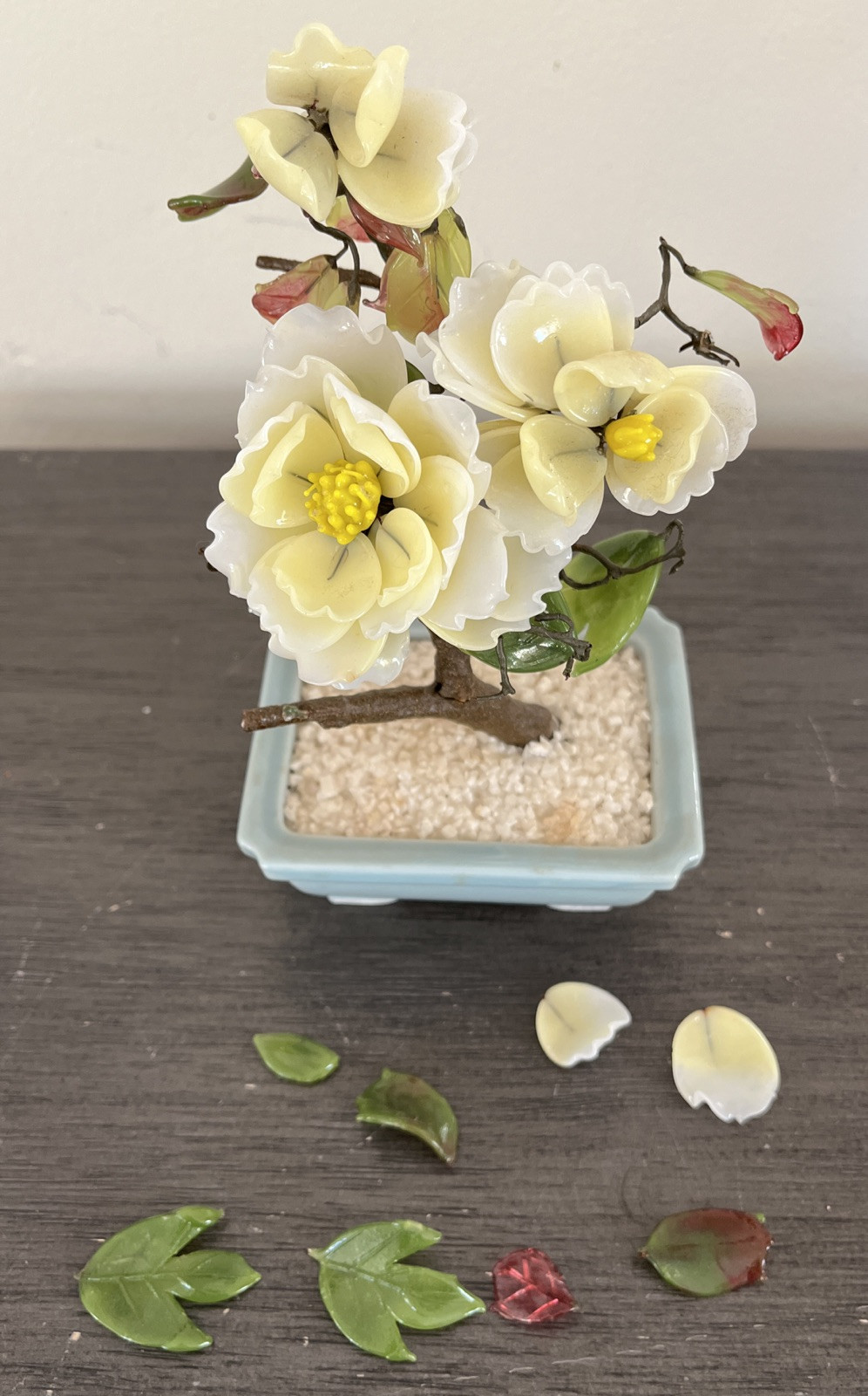Vintage CHINESE JADE GLASS BONSAI TREE 7″ Damaged CELADON POT Made In Japan