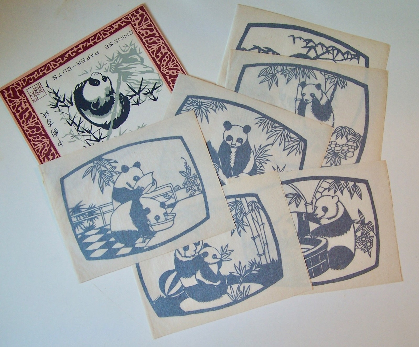 6 VINTAGE CHINESE PAPER CUTS IN ORIGINAL FOLDER PANDAS 6.5 X 5.25″ UNFRAMED
