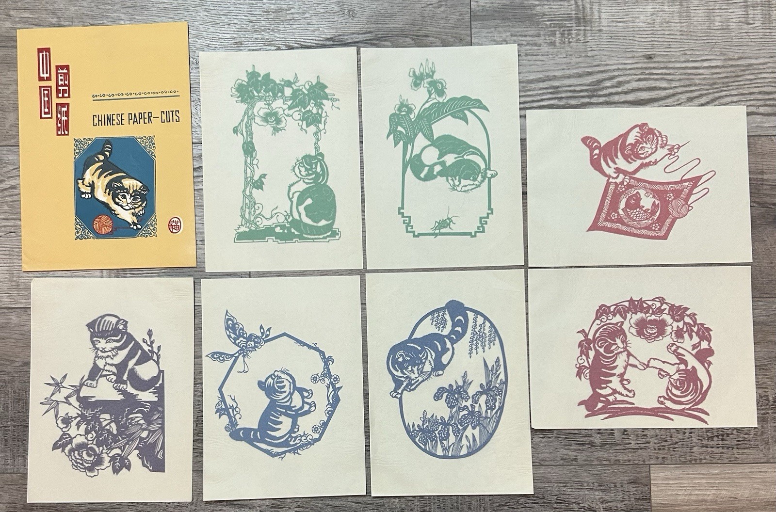 Vintage 1960’s Set of 7 Chinese Cats Paper cuts Cultural Relics Folk Art – MINT