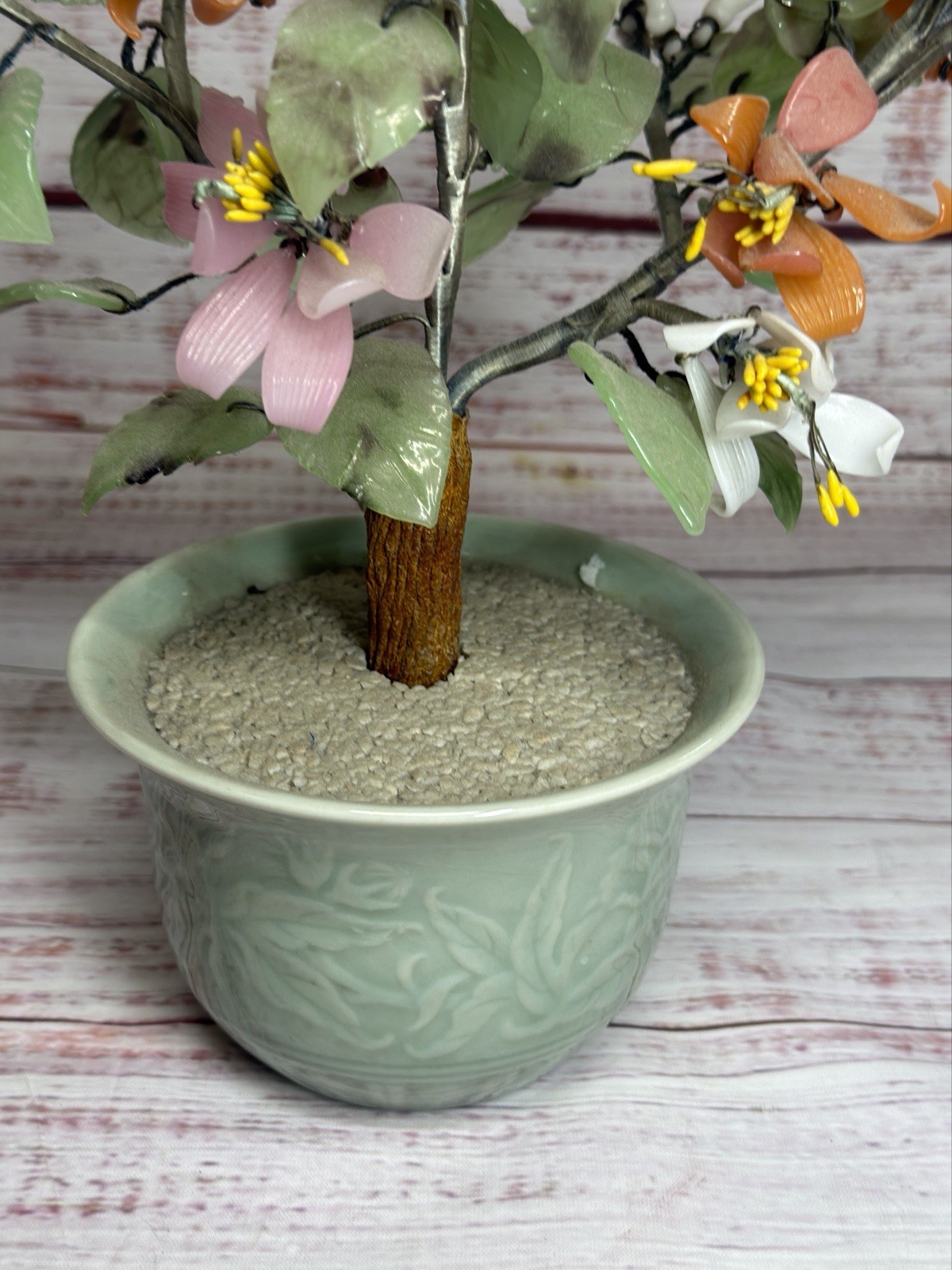 Vintage Japanese Chinese Asian Jade Glass Flowering Bonsai Tree 16”x12” Wide