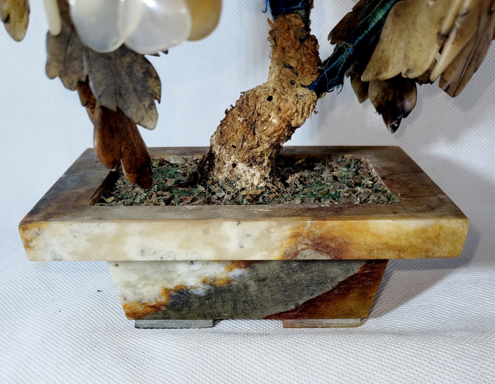 Vintage Chinese Jade/Rose Quartz/Carnelian Bonsai Tree With Brown Marble Base