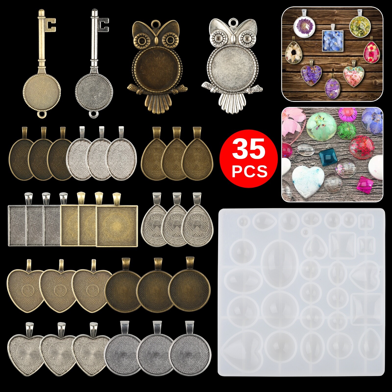 35pcs Resin Casting Silicone Molds Epoxy Pendant Mould Kit Jewelry Making Craft