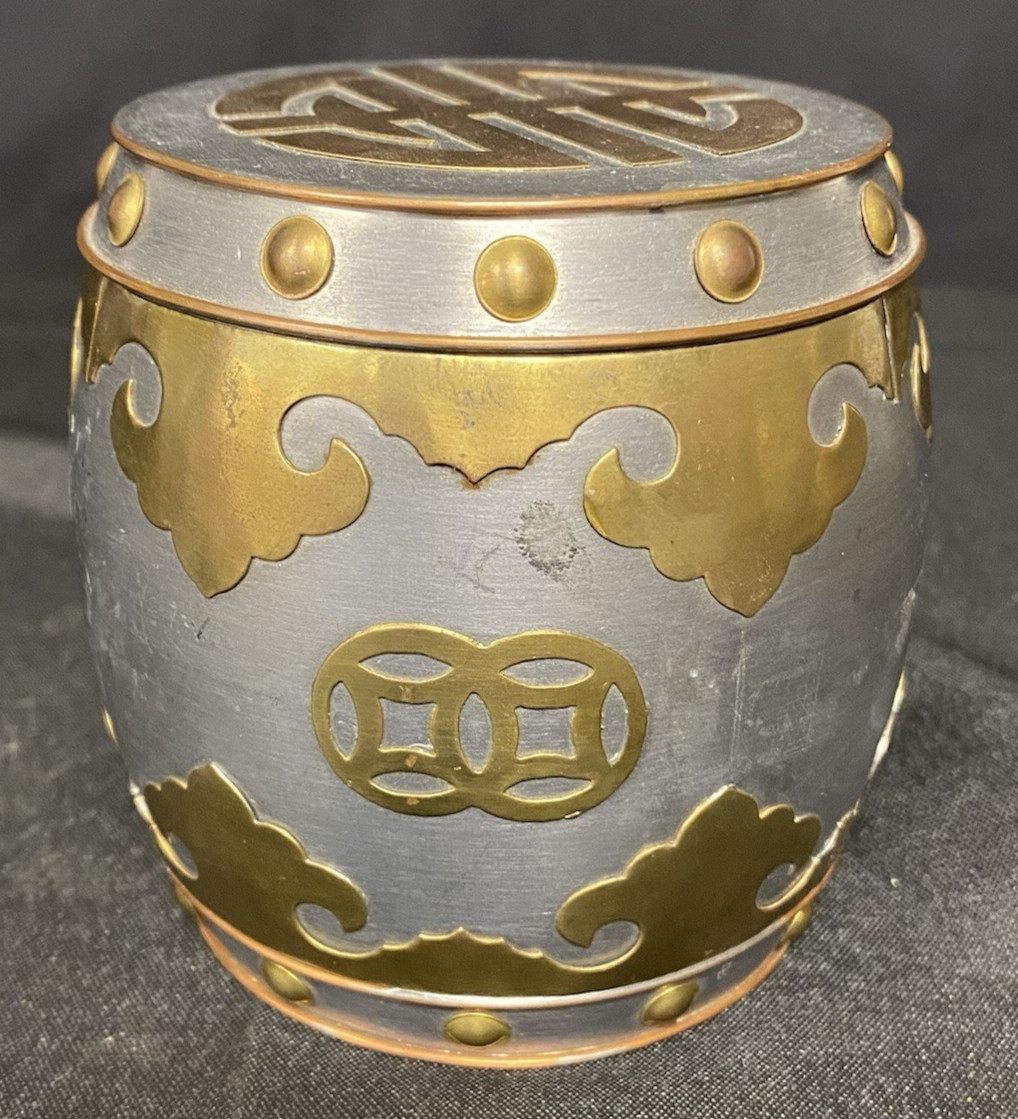 Chinese Solid Pewter & Brass 3.5” Vintage Ornate Tobacco Jar Tea Caddy Hong Kong
