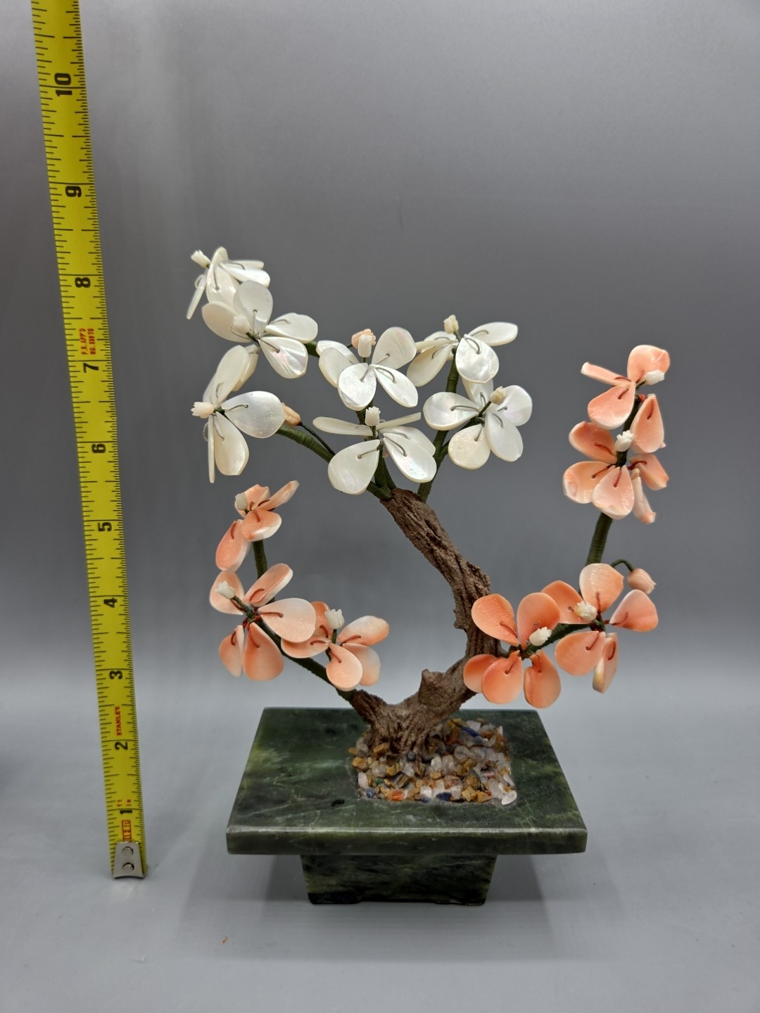Small Bonsai Tree with Carnelian and Mother of Pearl Flowers, Jade? Base 8.5″ H