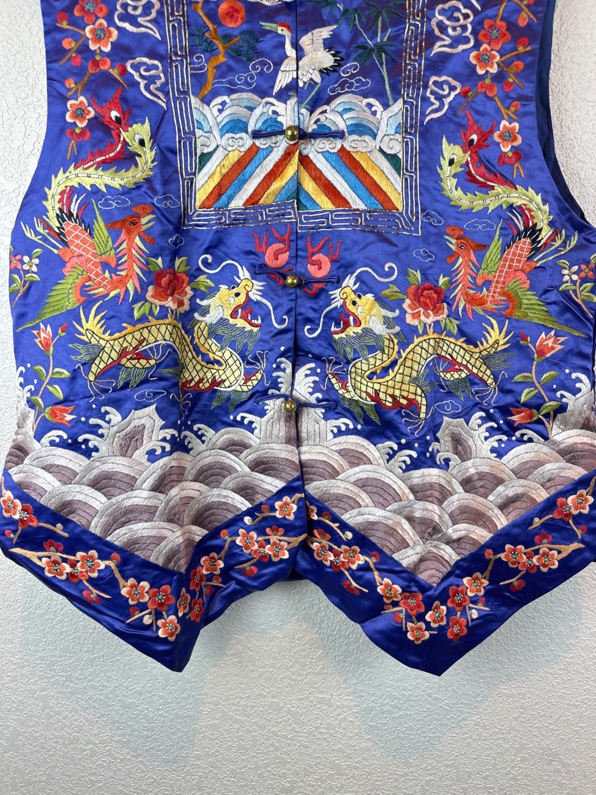 Vintage Dunhuang Fully Embroidered Chinese Dragon Crane Vest Blue M/L Oriental