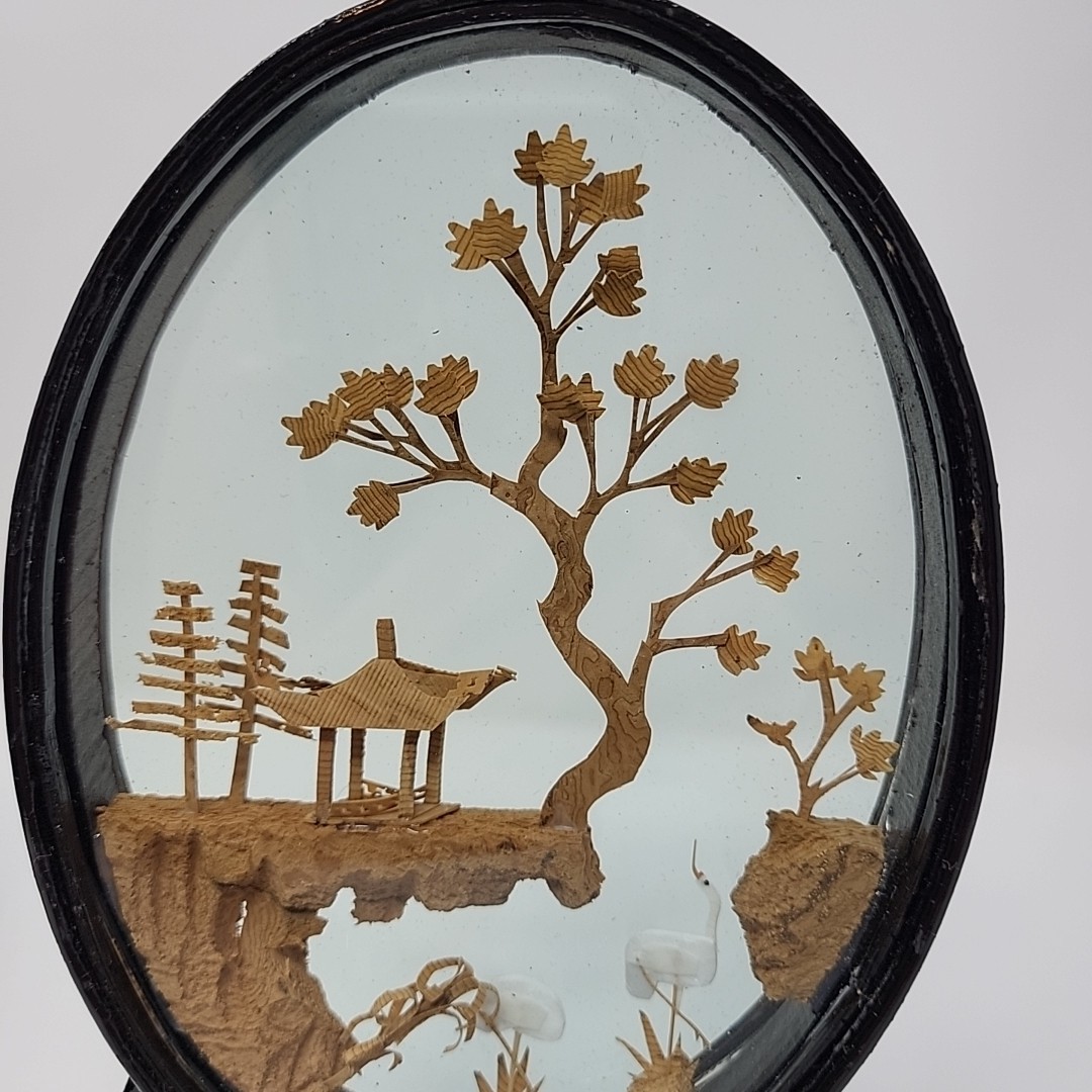 Vintage Oval Chinese 3D Art Wood & Cork Diorama Asian Crane Tree on Pedestal
