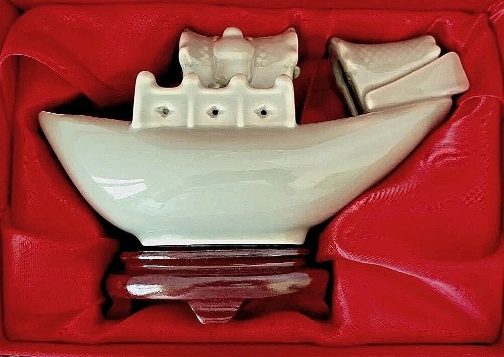 Yi Lin Arts and Treasures Celadon Boat and Wooden Stand with Silk Brocade Box