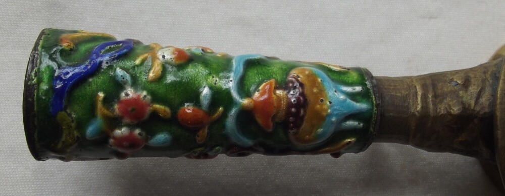 AUTHENTIC ANTIQUE CHINESE BRONZE & ENAMEL DRAGON SILK PAN IRON