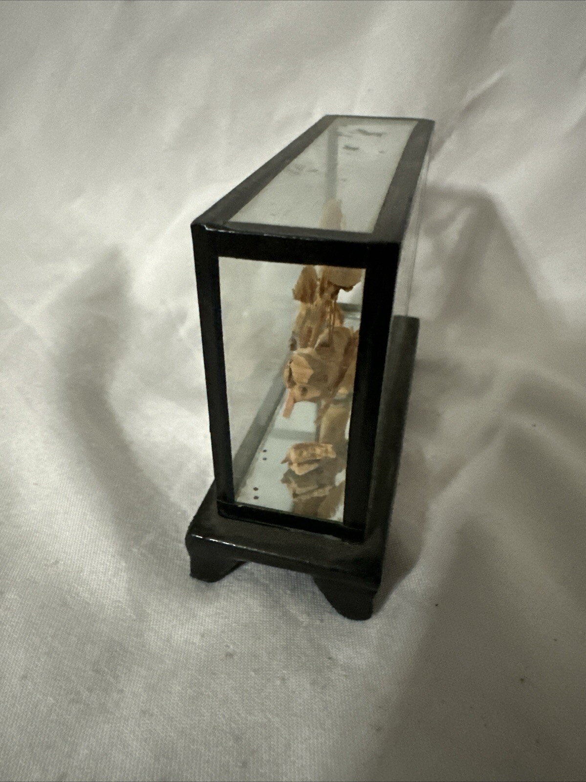 Lacquered Cork Art Small Diorama Hand Carved 3” of Pagoda & Cranes in Black Vtg