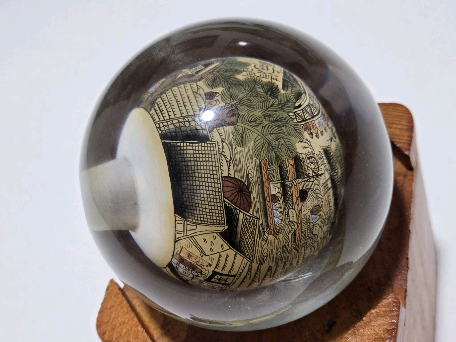 Vtg Chinese Reverse Paint Globe Orb Sphere With Wooded Base 4″ Round Rare!