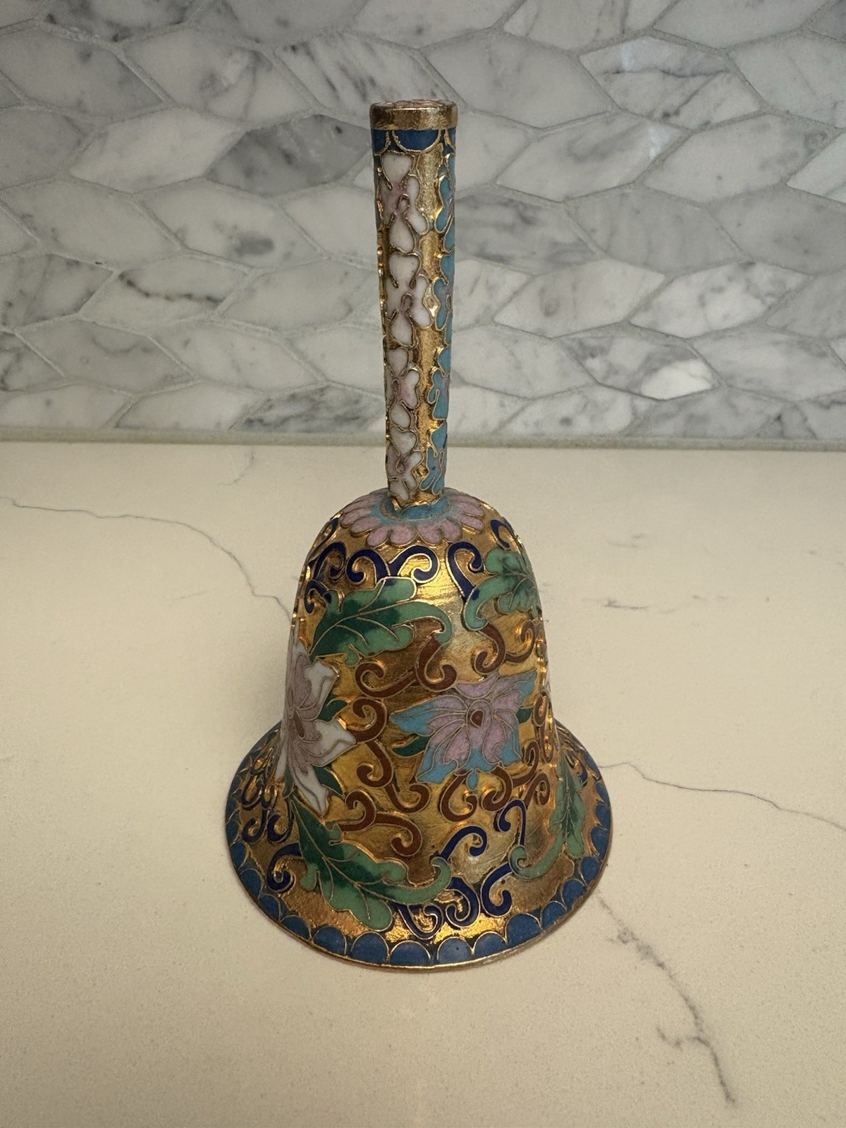 Vintage Chinese Cloisonne Enamel Floral Gold Metal Bell