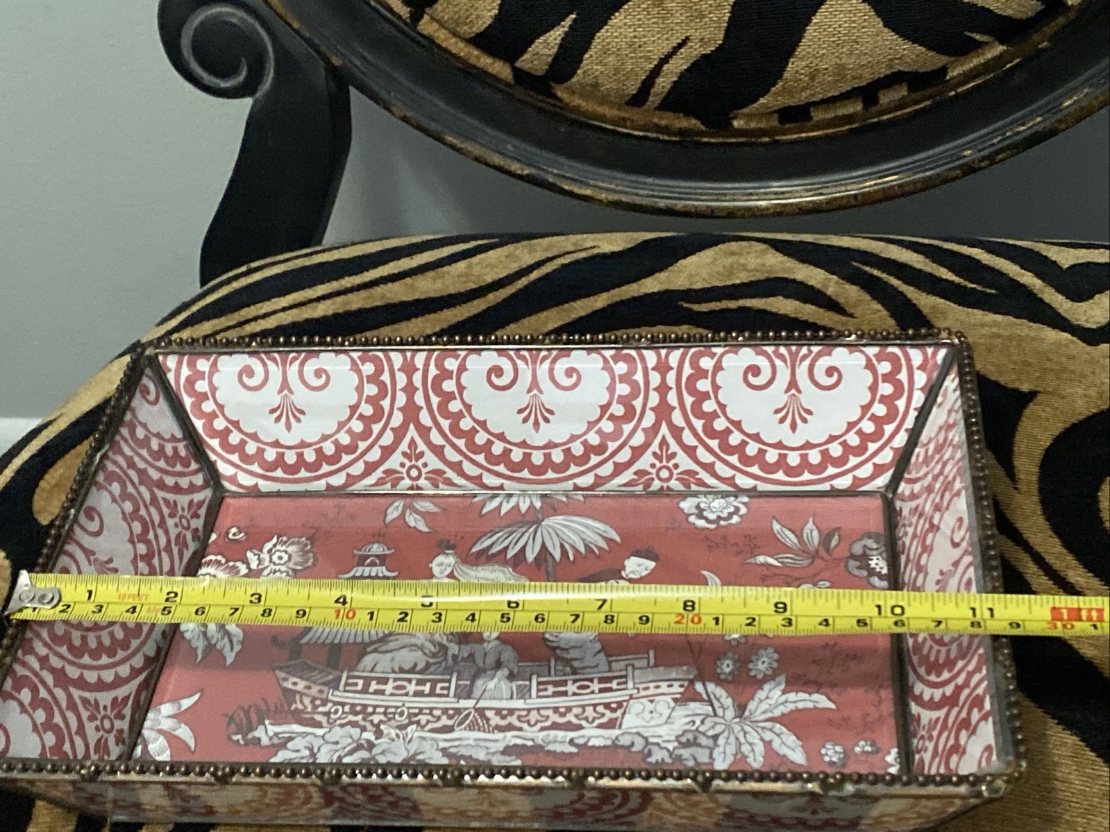 Vintage Chinoiserie Leaded glass Tray Chinese Culture Designs Reddish Pink