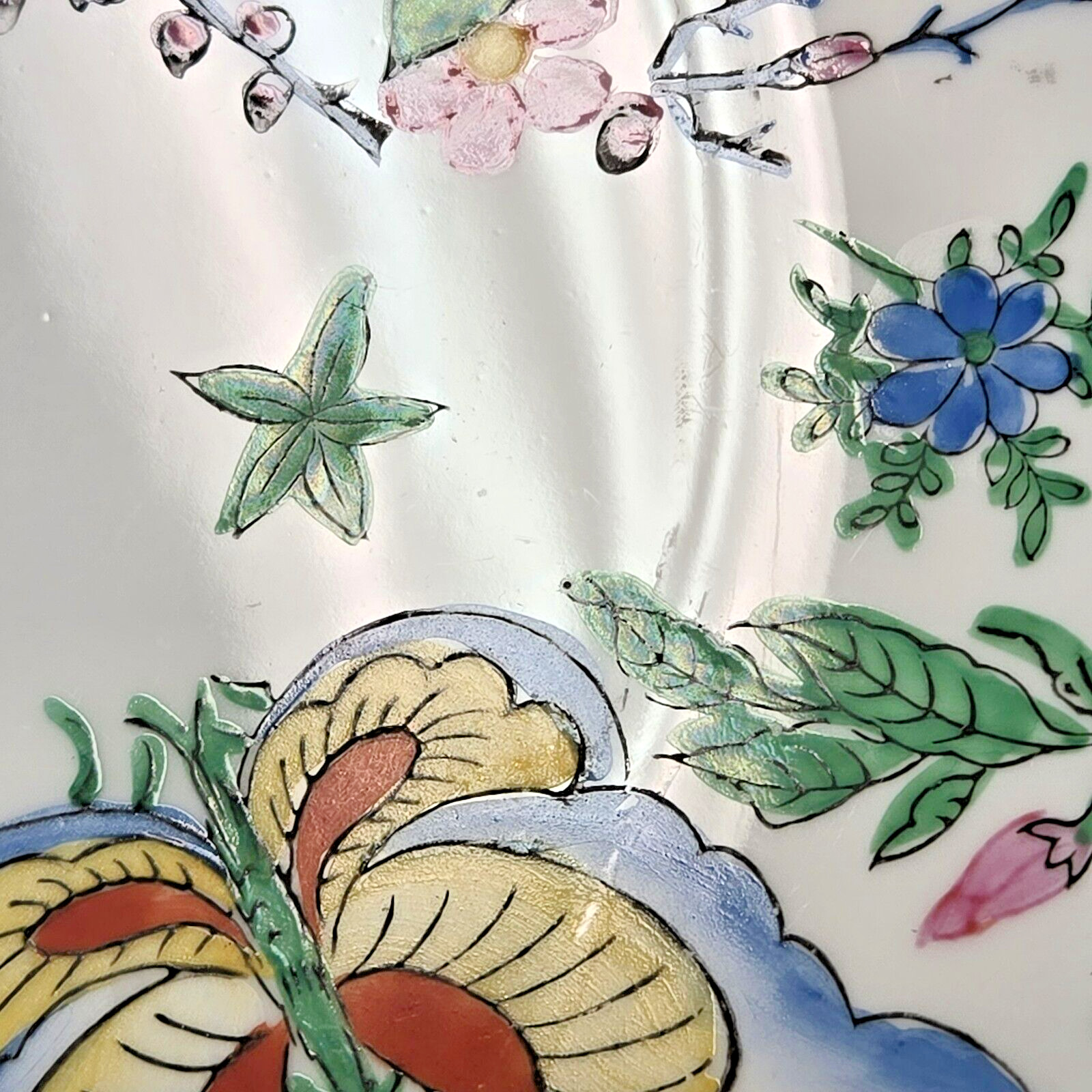 Lg. Chinese Porcelain 14″ Bowl w Brass Stand Hand-Painted Butterflies & Flowers