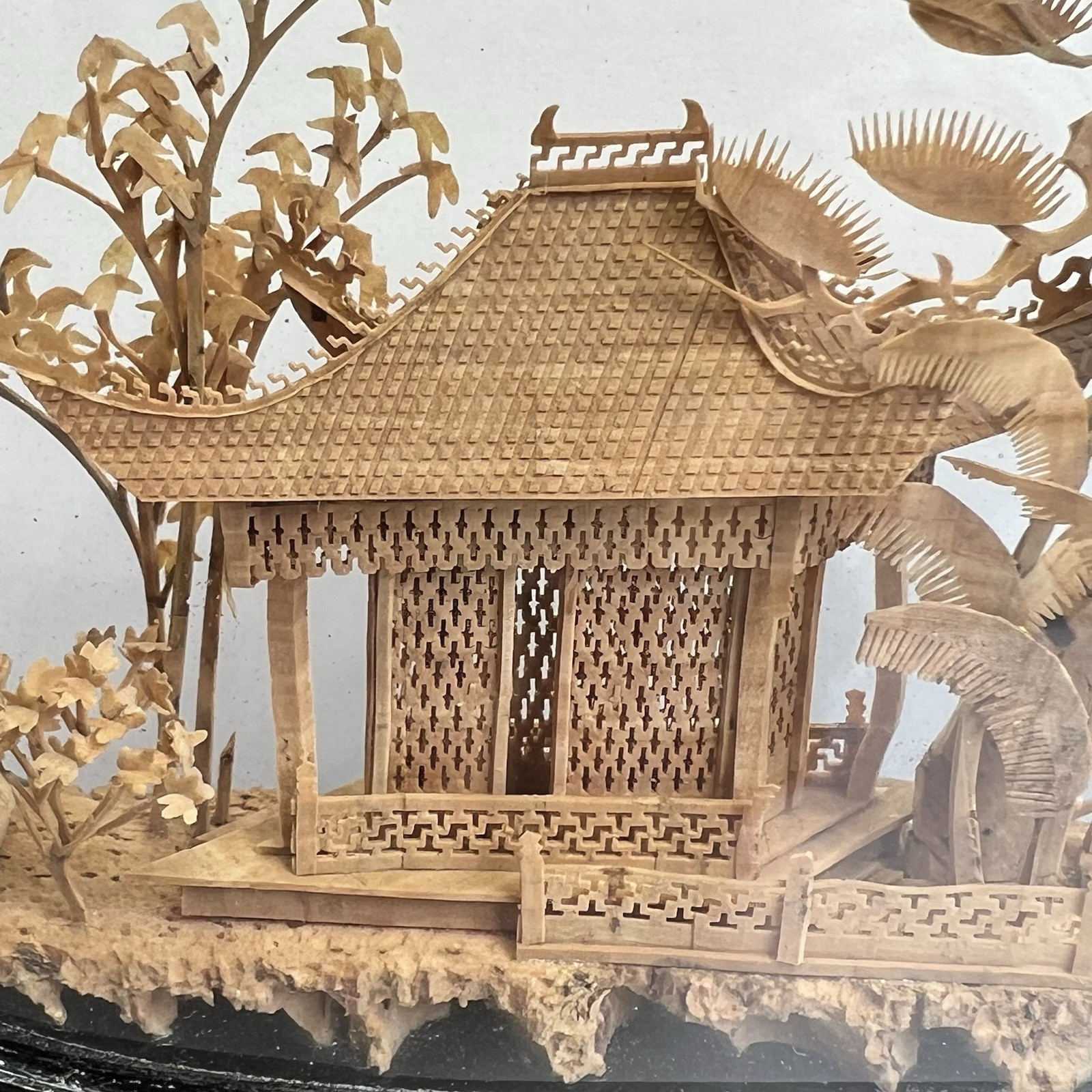 Vtg San Diorama Cork HandCarved W/ Pagoda Trees & Cranes In Glass Case 6X7”