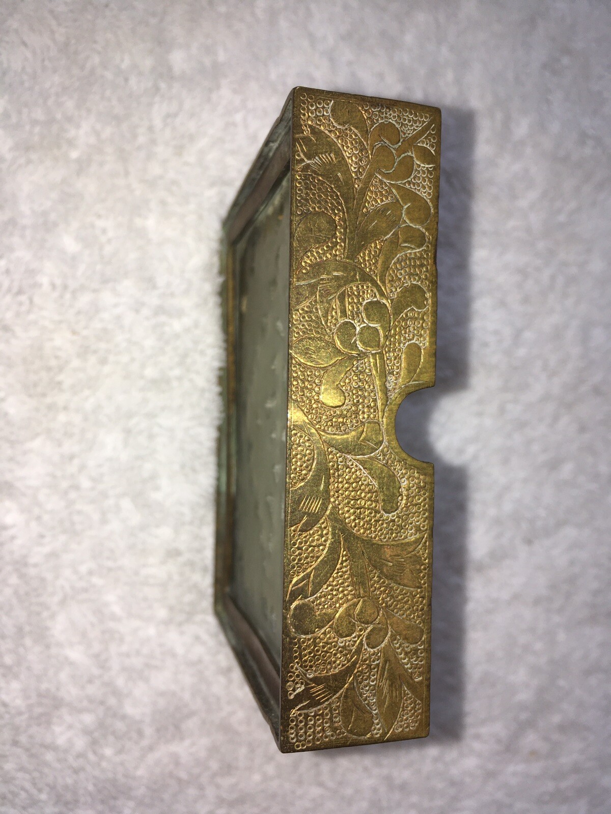 Vintage Chinese Carved Stone & Brass Ash Tray, 3” x 2-3/8” x 3/4” H