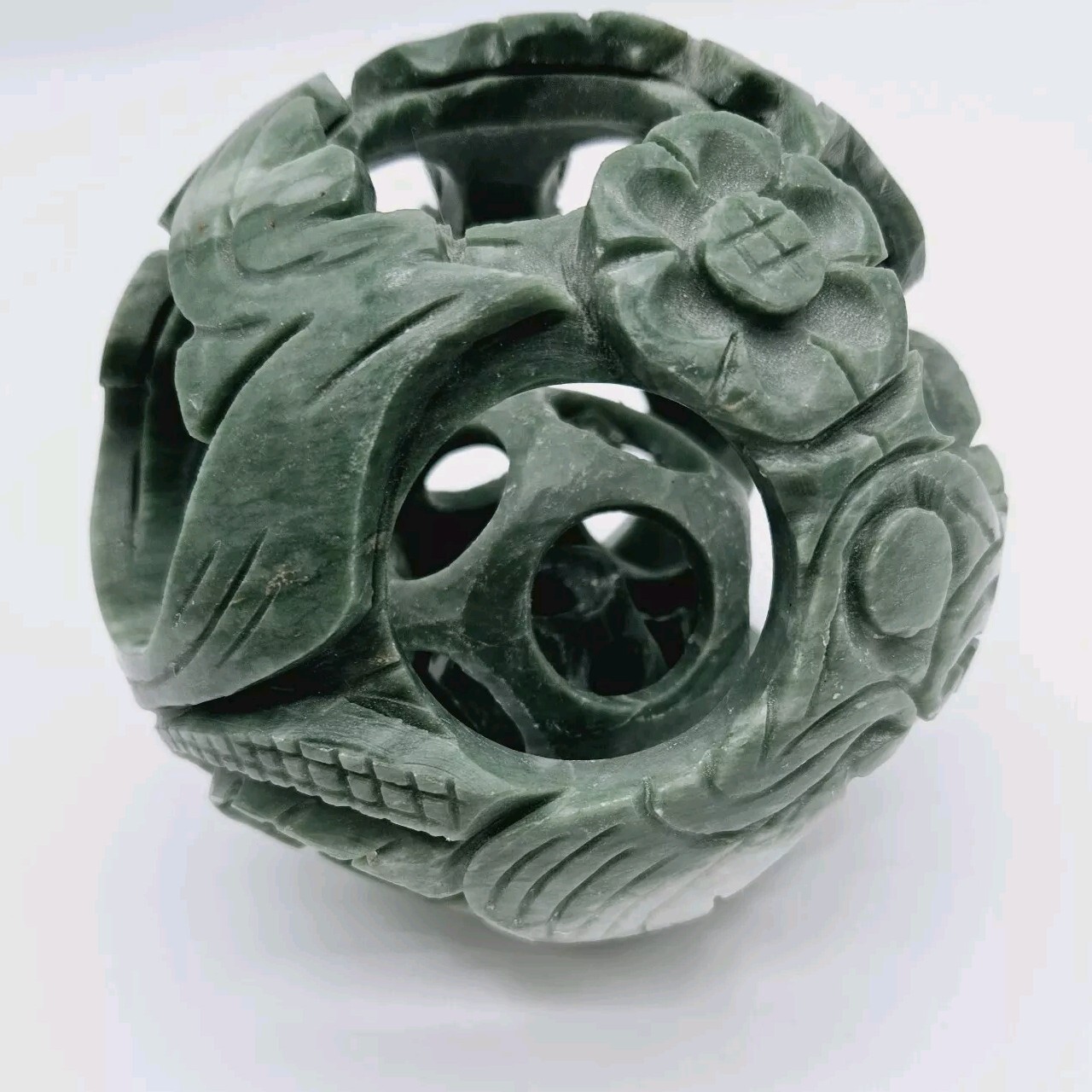 Vtg Chinese 3-Layer Hand Carved Green Stone Serpentine? Ball Sphere 4.5″ Floral