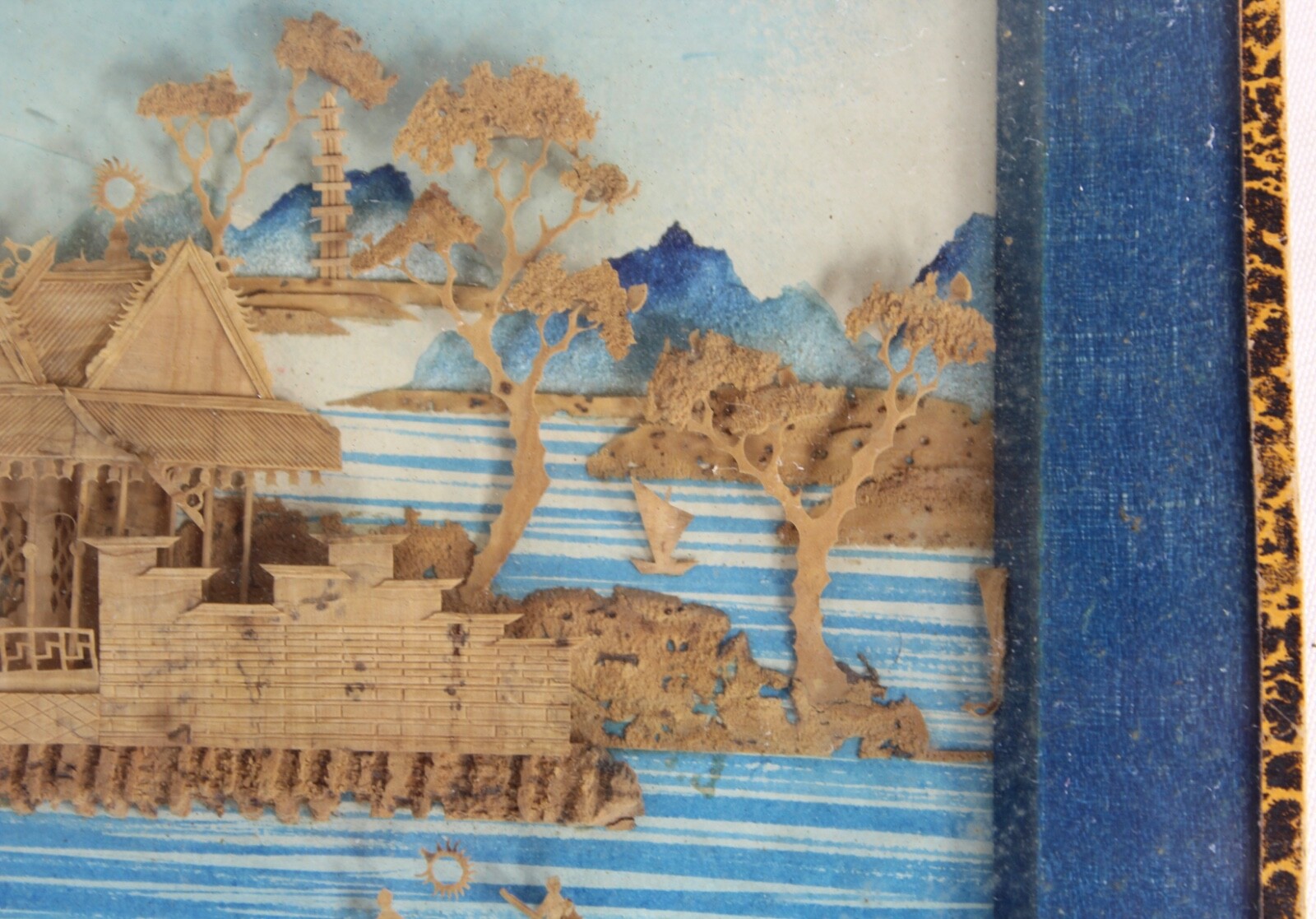 Antique Chinese Asian Miniature Wood Carving Village Scene Signed Stamp Framed