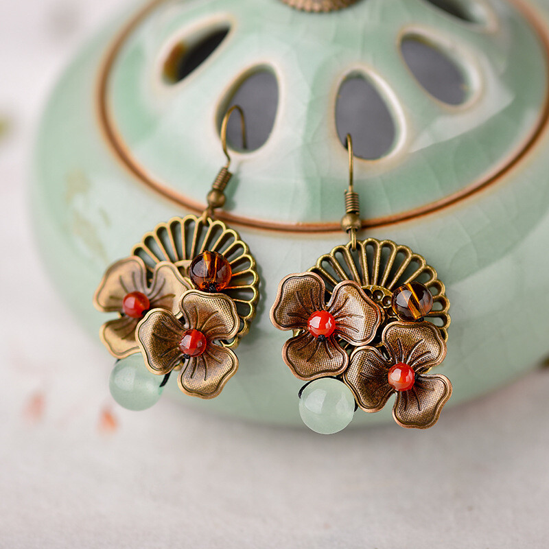 Chinese Agate/Dongling Jade Coloured Glaze Tibetan Style Vogue Earbob Earrings