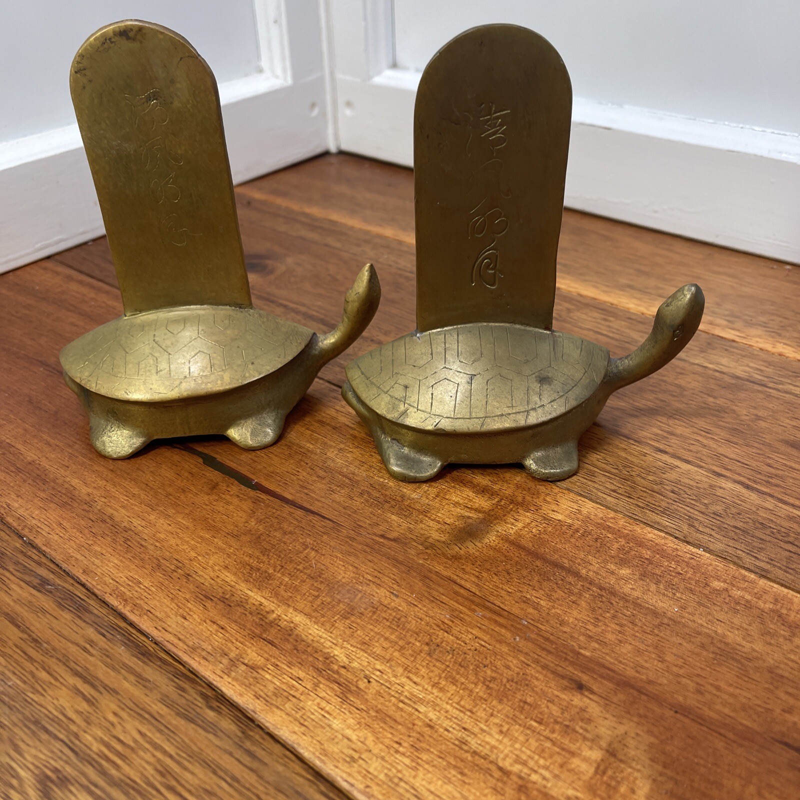 Pair Vintage Chinese India Solid Brass TURTLE Bookends Intricate Carved Details