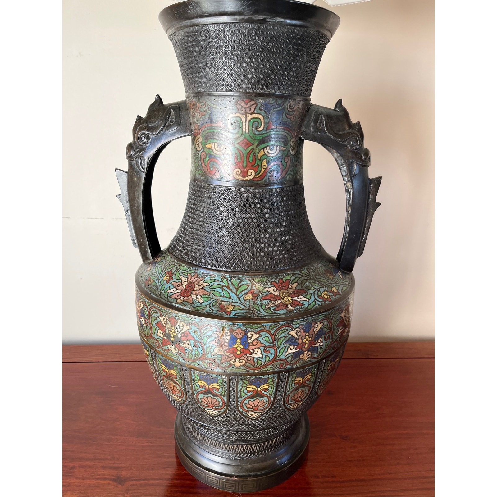 Large 42″ Chinese Cloisonné & Bronze Taotie Hu Vase Table Lamp