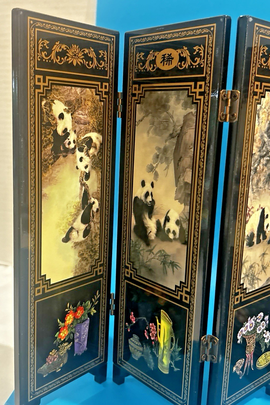 Panda Bear Asian Painted Wood Table Screen Divider 6 Panel 9.5″ *18.5″
