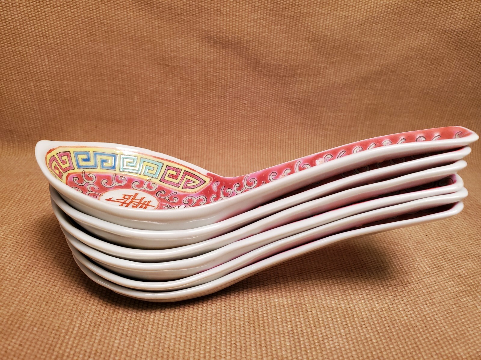 6 Spoons – Red Mun Shou 5.5″ – Chinese Porcelain – Longevity Pattern